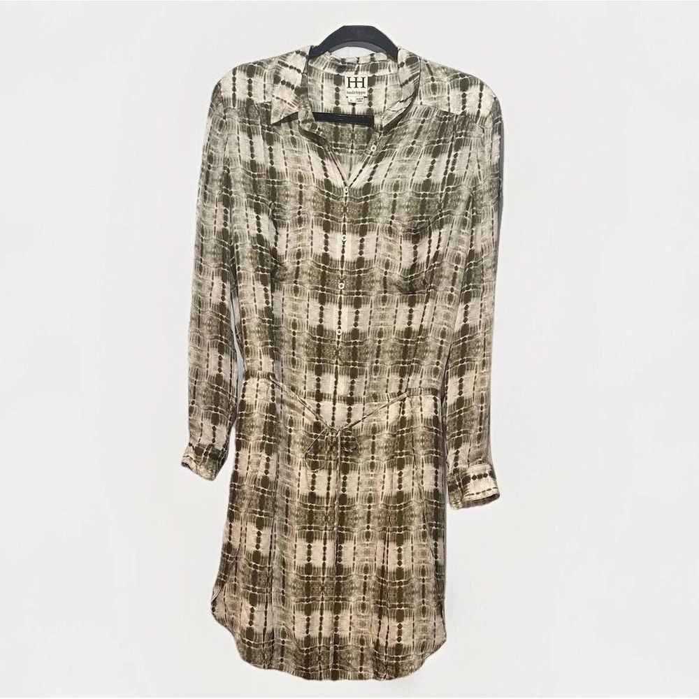 Haute Hippie Womems Large 100% Silk Green Boho Tie‎ Dye Shirt Midi Dress
